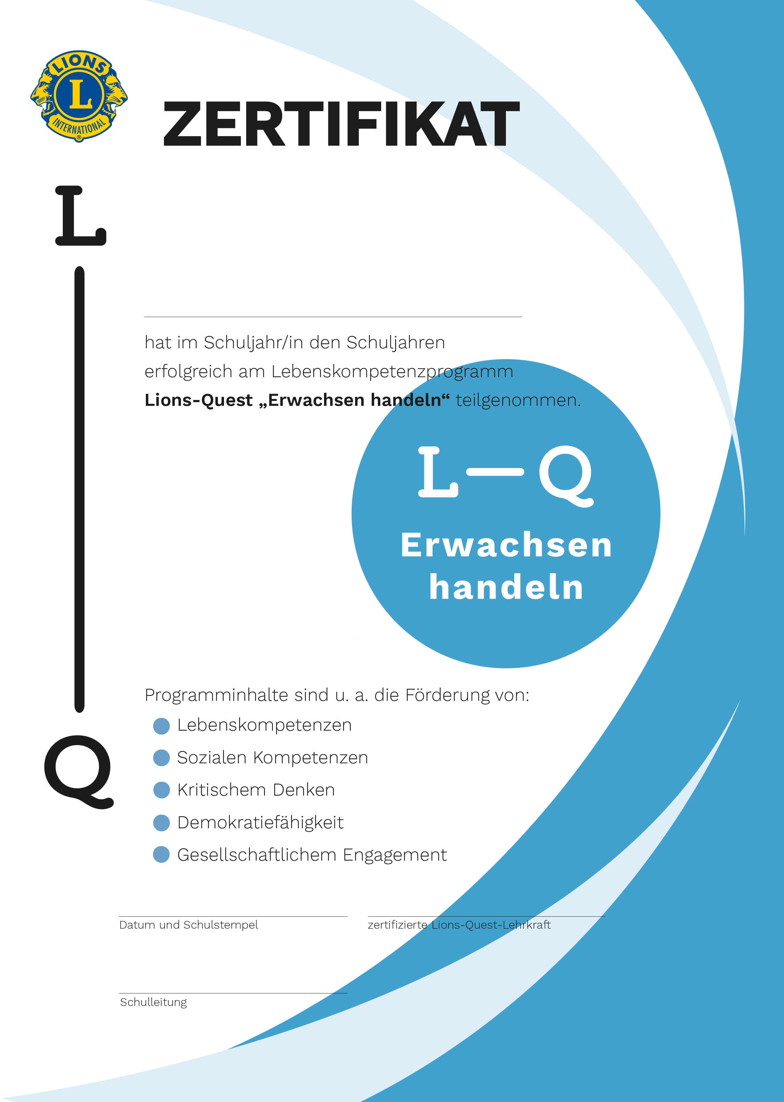 Schülerzertifikat "Erwachsen handeln" (Klassensatz) - 
Individualisierung über Bestellformular
